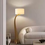 Modern Bow Curve Floor Lamp with Wooden Arch and White Fabric Shade Tall Standing Light