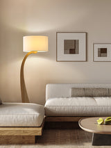 Modern Bow Curve Floor Lamp with Wooden Arch and White Fabric Shade Tall Standing Light
