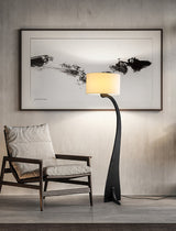Modern Bow Curve Floor Lamp with Wooden Arch and White Fabric Shade Tall Standing Light