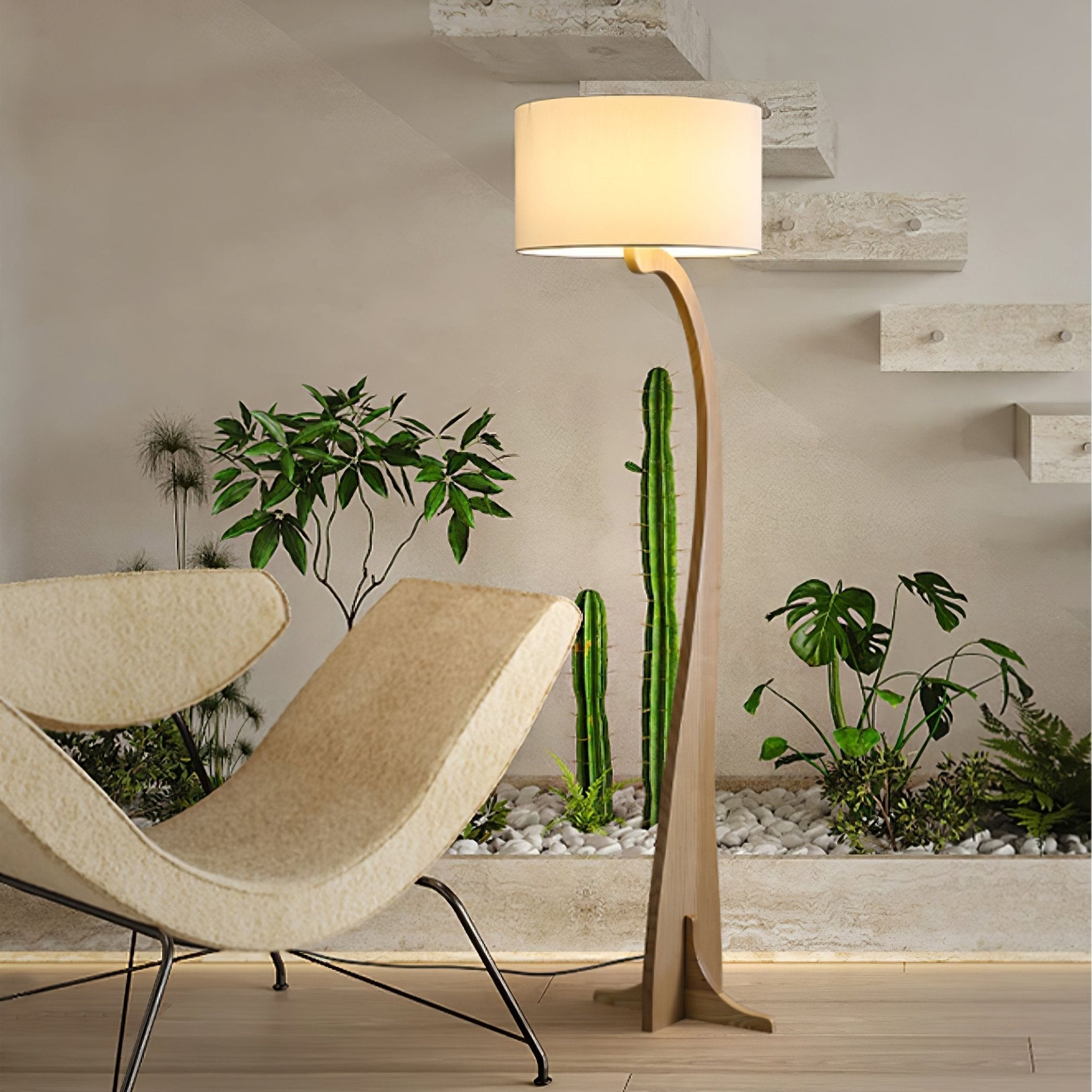 Modern Bow Curve Floor Lamp with Wooden Arch and White Fabric Shade Tall Standing Light