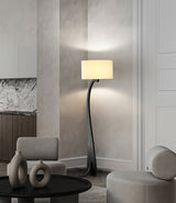 Modern Bow Curve Floor Lamp with Wooden Arch and White Fabric Shade Tall Standing Light