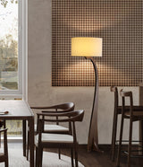 Modern Bow Curve Floor Lamp with Wooden Arch and White Fabric Shade Tall Standing Light