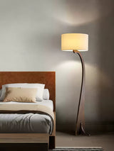 Modern Bow Curve Floor Lamp with Wooden Arch and White Fabric Shade Tall Standing Light