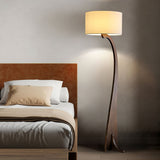 Modern Bow Curve Floor Lamp with Wooden Arch and White Fabric Shade Tall Standing Light