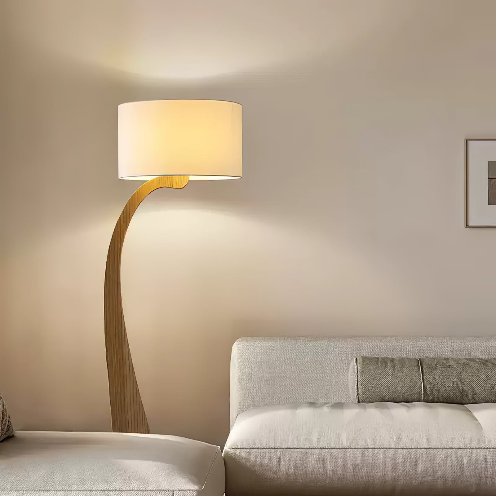 Modern Bow Curve Floor Lamp with Wooden Arch and White Fabric Shade Tall Standing Light