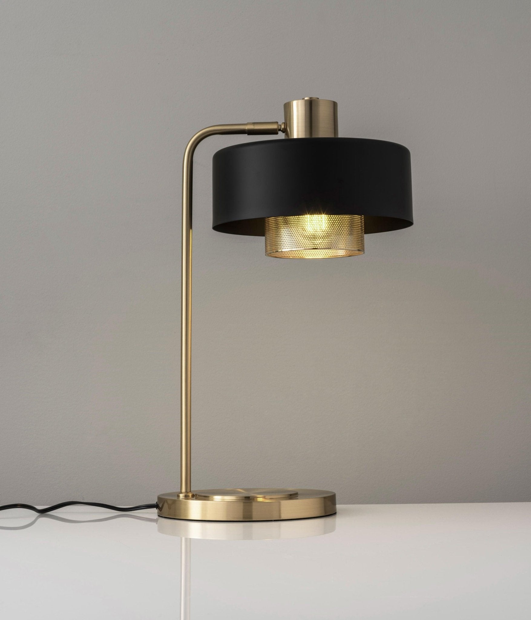 Bradbury Industrial Metal Table Lamp with Perforated Copper Inner Shade and Adjustable Black Finish