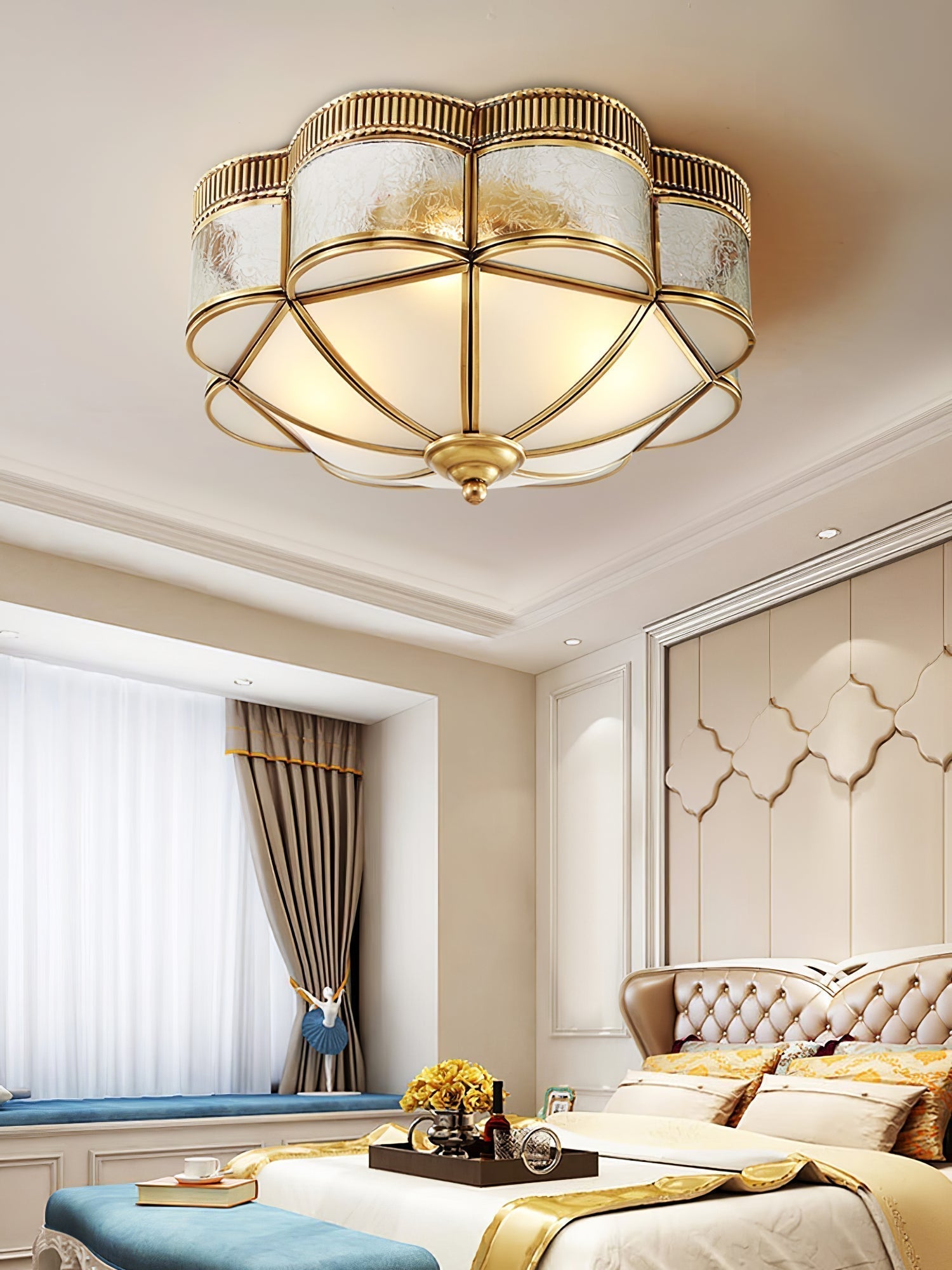 Elegant Brass Domed Flush Mount Ceiling Light with White Frosted Glass Panel