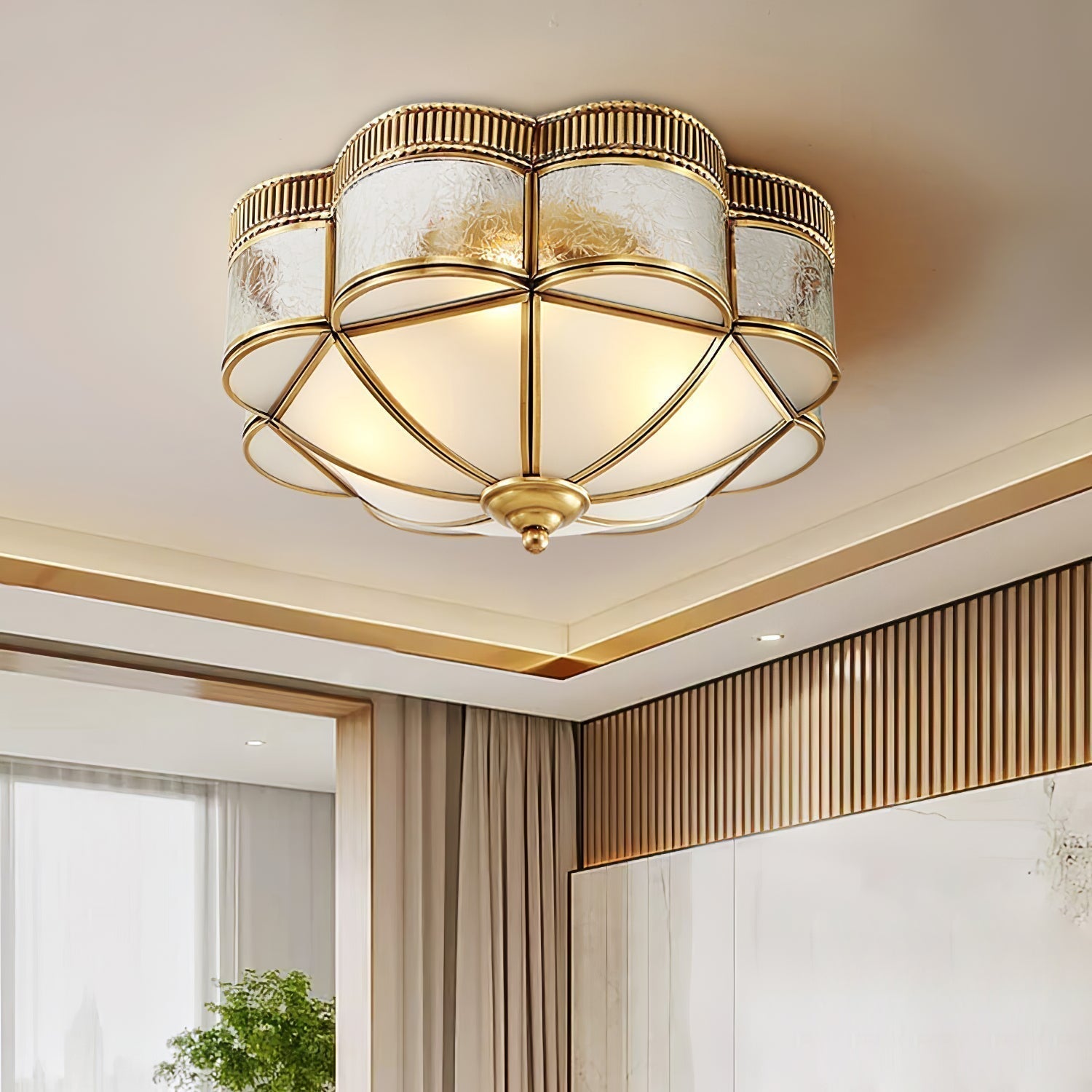 Elegant Brass Domed Flush Mount Ceiling Light with White Frosted Glass Panel