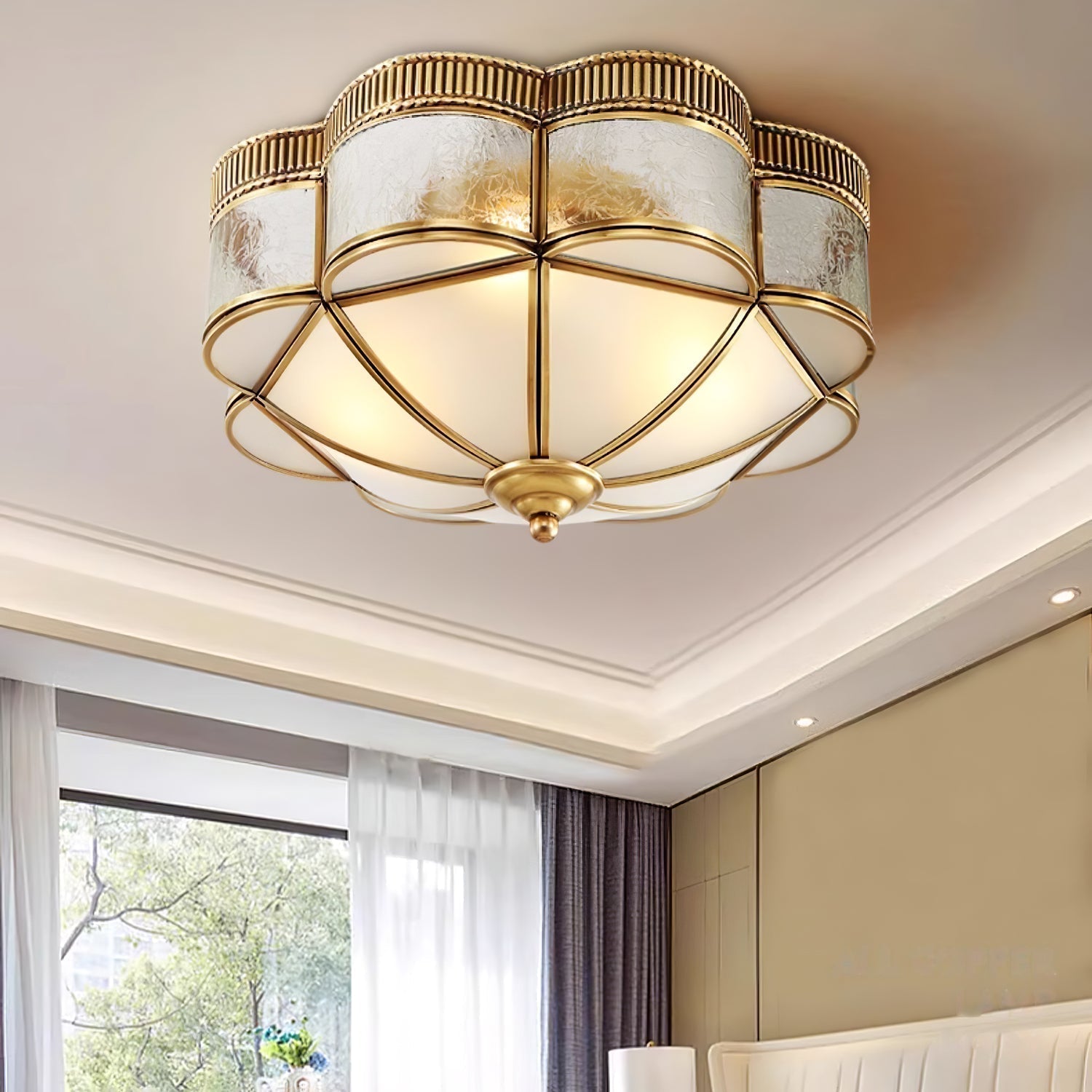 Elegant Brass Domed Flush Mount Ceiling Light with White Frosted Glass Panel