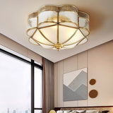 Elegant Brass Domed Flush Mount Ceiling Light with White Frosted Glass Panel