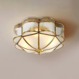 Elegant Brass Domed Flush Mount Ceiling Light with White Frosted Glass Panel