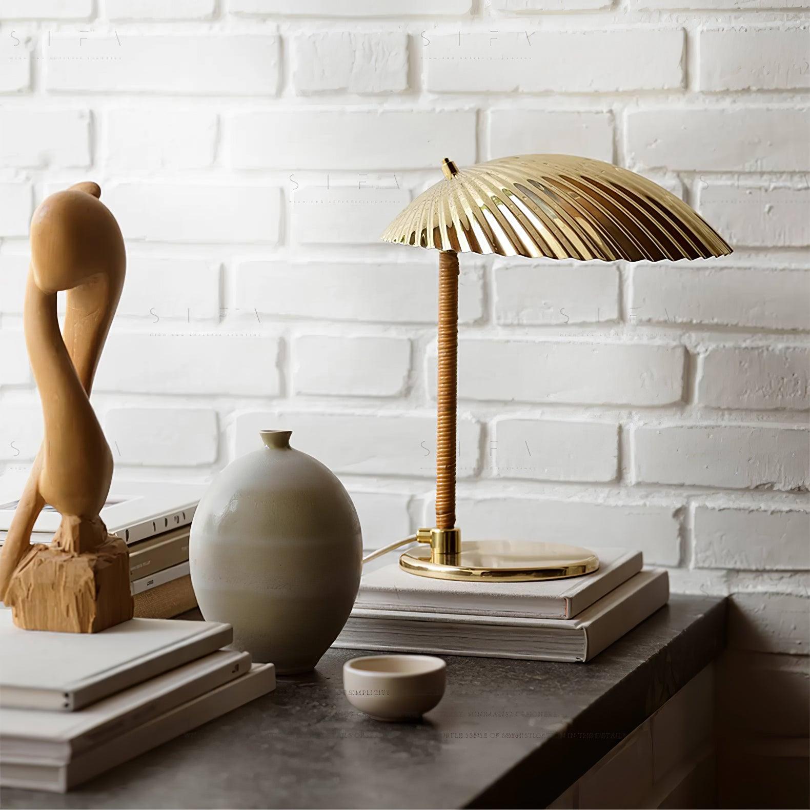 Sculptural Mid Century Modern Brass Shell Table Lamp for Bedside and Desk Lighting