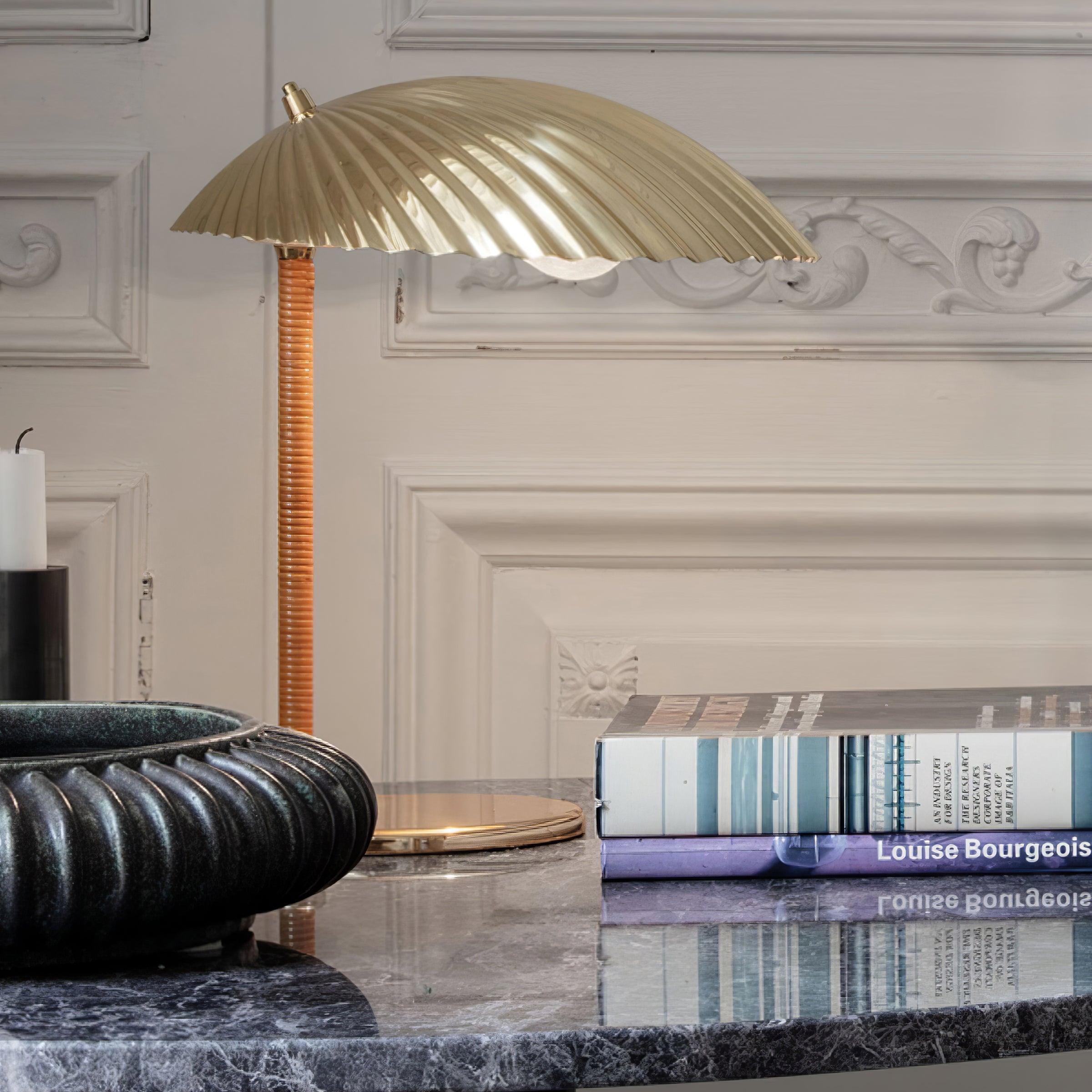 Sculptural Mid Century Modern Brass Shell Table Lamp for Bedside and Desk Lighting