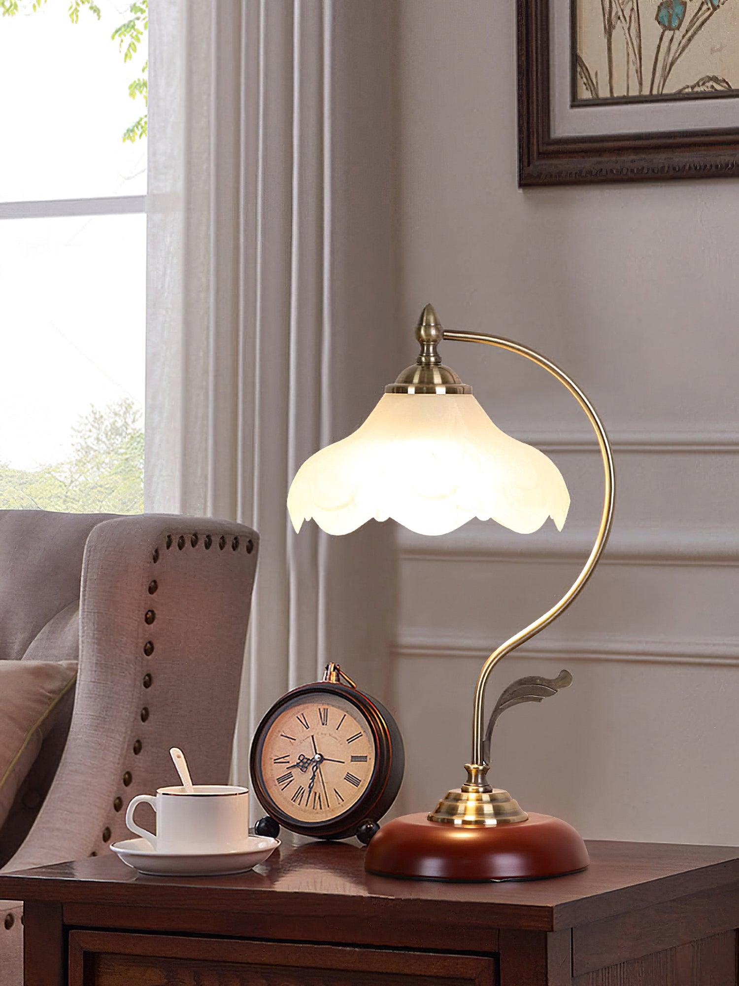 Brown Dome Wood Table Lamp with Textured Glass Shade and Gold Metal Base