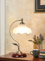 Brown Dome Wood Table Lamp with Textured Glass Shade and Gold Metal Base