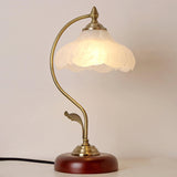 Brown Dome Wood Table Lamp with Textured Glass Shade and Gold Metal Base