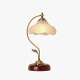 Brown Dome Wood Table Lamp with Textured Glass Shade and Gold Metal Base