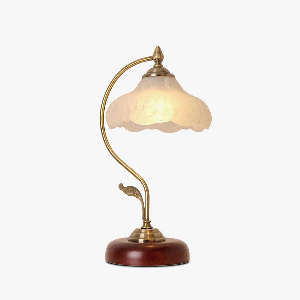 Brown Dome Wood Table Lamp with Textured Glass Shade and Gold Metal Base