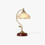 Brown Dome Wood Table Lamp with Textured Glass Shade and Gold Metal Base