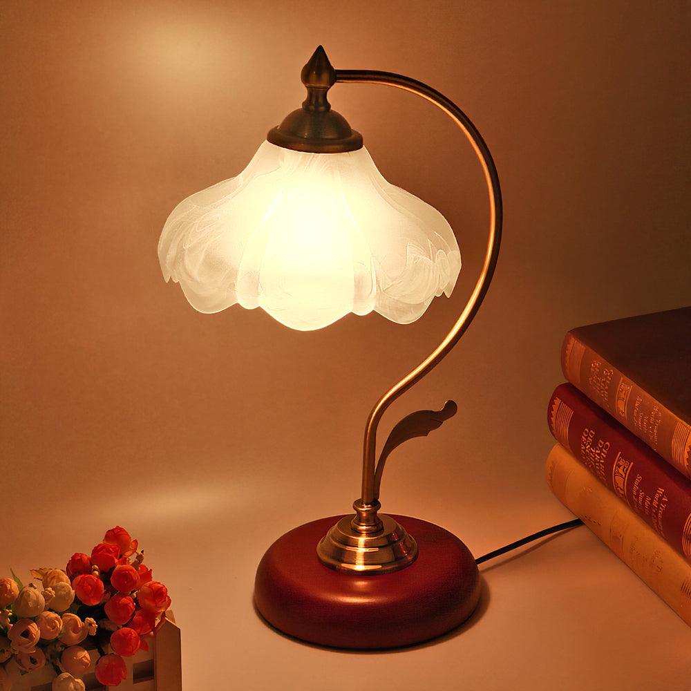 Brown Dome Wood Table Lamp with Textured Glass Shade and Gold Metal Base