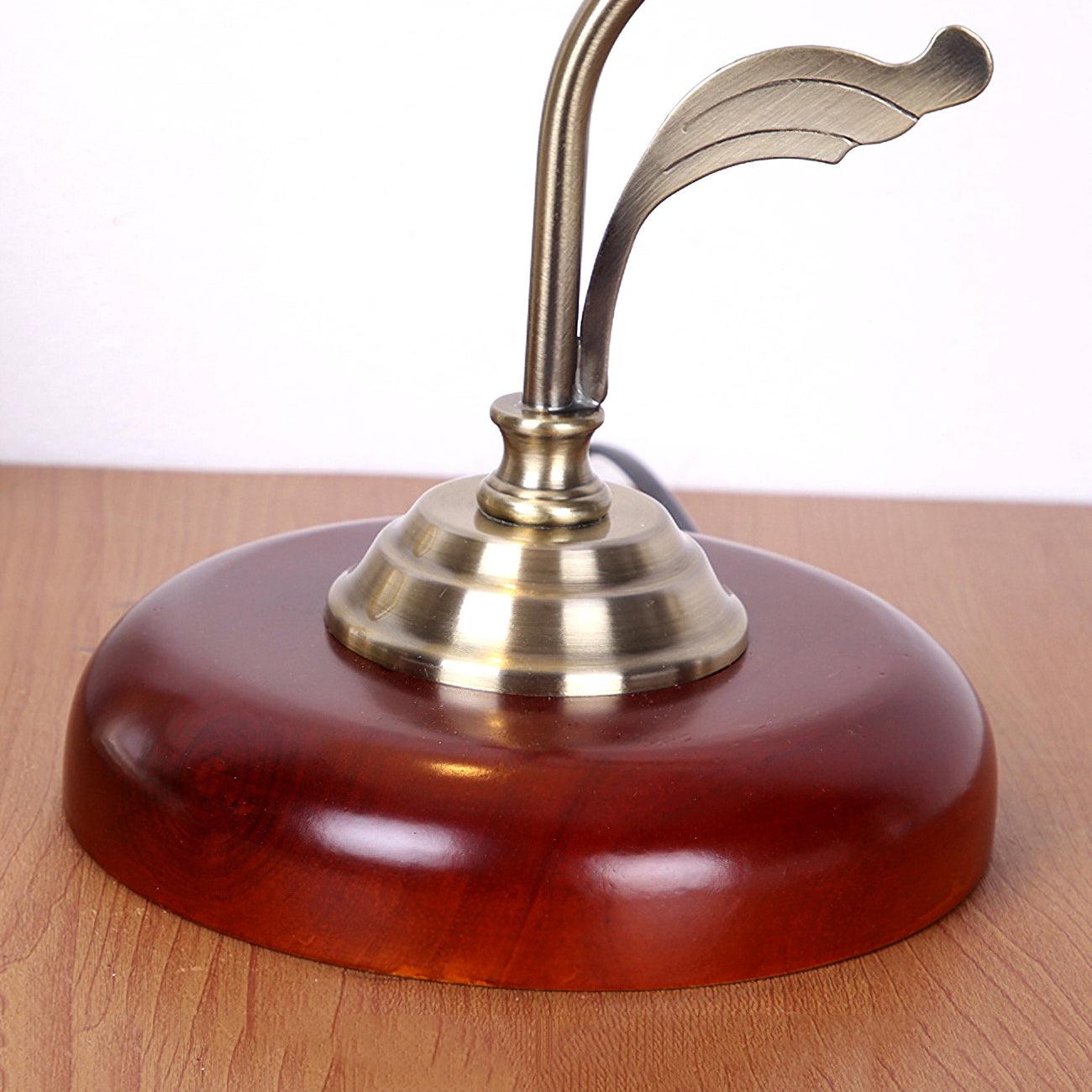 Brown Dome Wood Table Lamp with Textured Glass Shade and Gold Metal Base