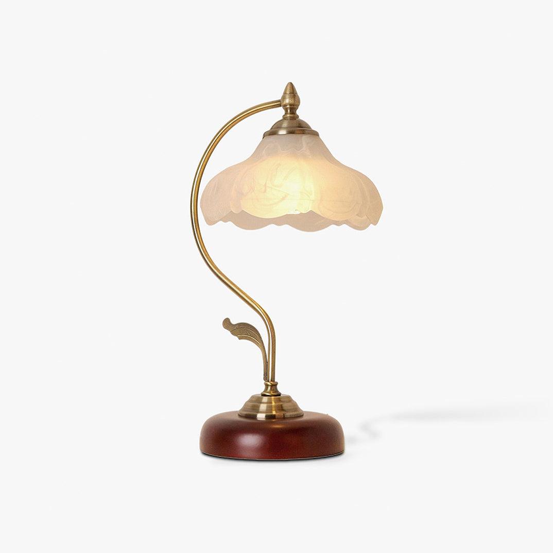 Brown Dome Wood Table Lamp with Textured Glass Shade and Gold Metal Base