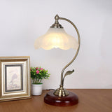 Brown Dome Wood Table Lamp with Textured Glass Shade and Gold Metal Base