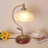 Brown Dome Wood Table Lamp with Textured Glass Shade and Gold Metal Base