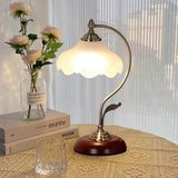 Brown Dome Wood Table Lamp with Textured Glass Shade and Gold Metal Base
