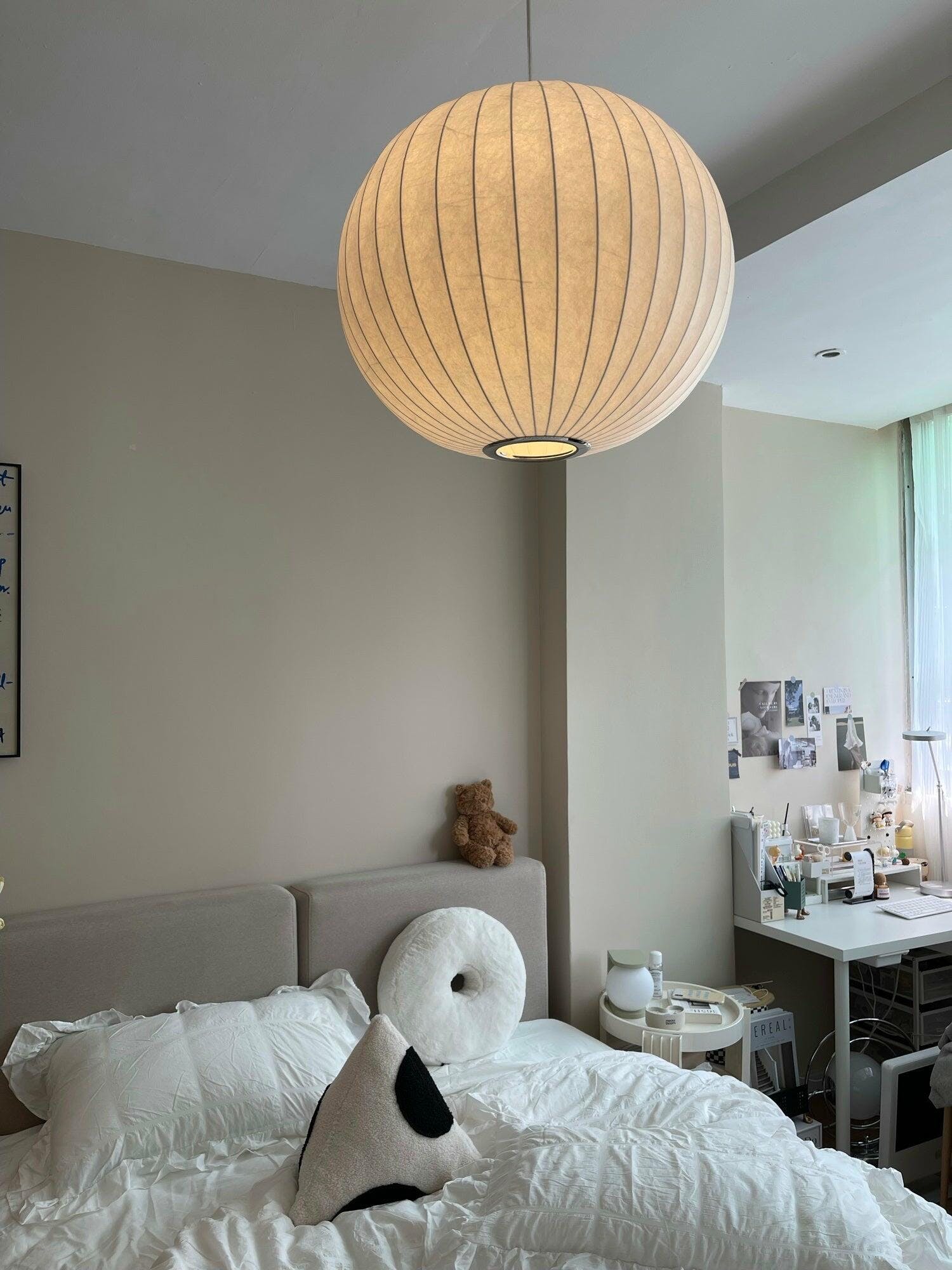Modern Bubble Mulberry Silk Pendant Light Geometric Mid Century Minimalist Hanging Lamp for Living Room