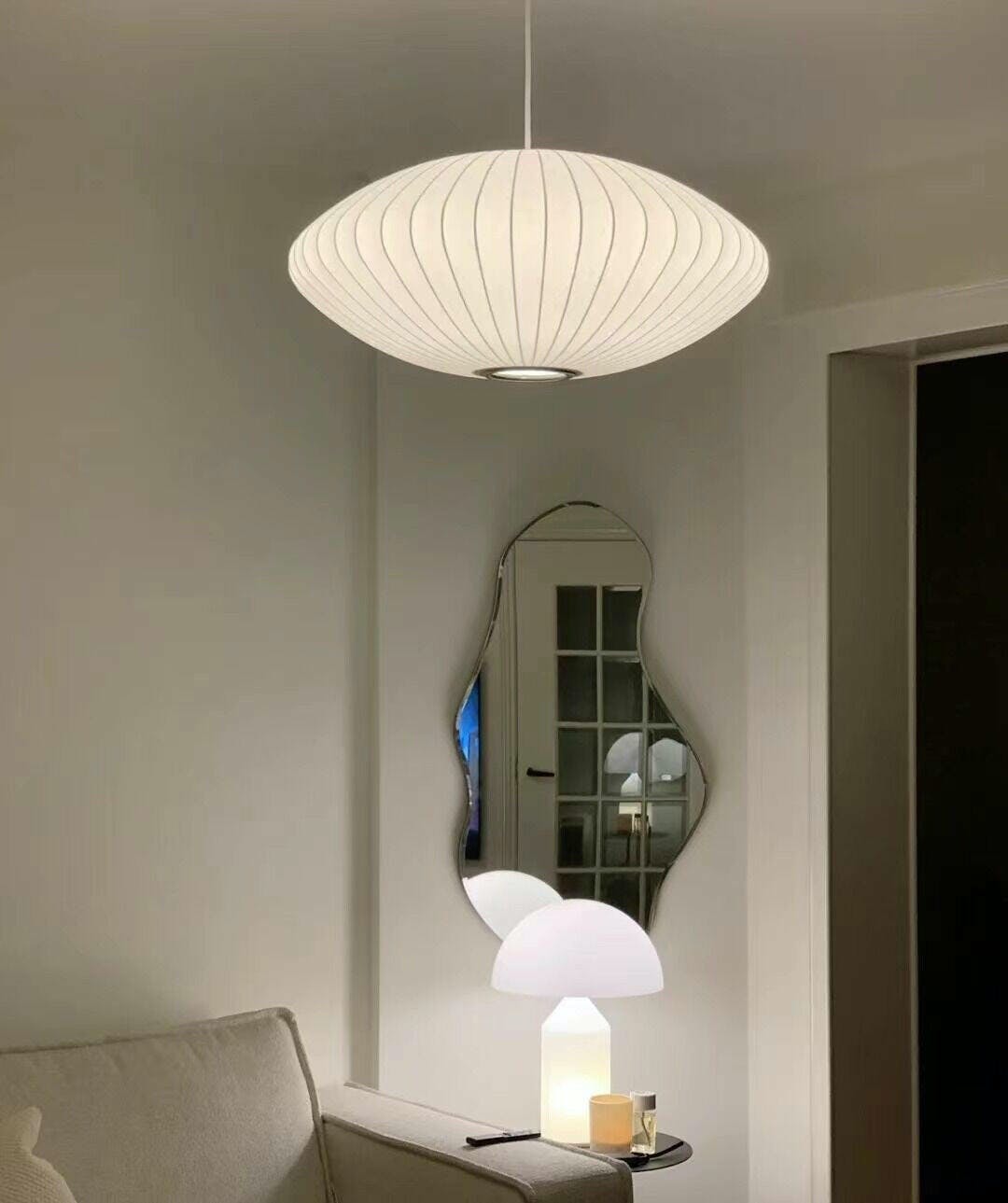 Modern Bubble Mulberry Silk Pendant Light Geometric Mid Century Minimalist Hanging Lamp for Living Room
