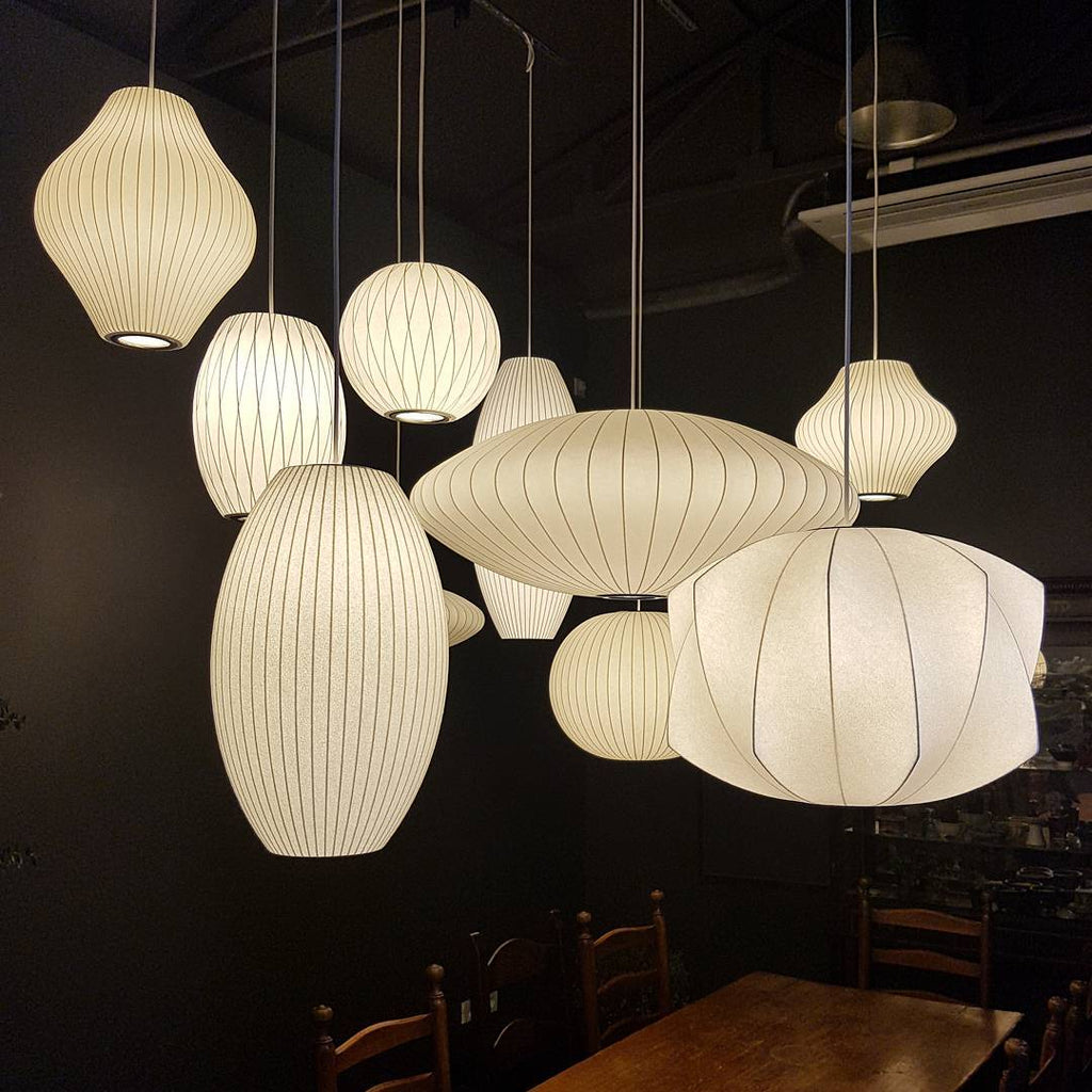 Modern Bubble Mulberry Silk Pendant Light Geometric Mid Century Minimalist Hanging Lamp for Living Room