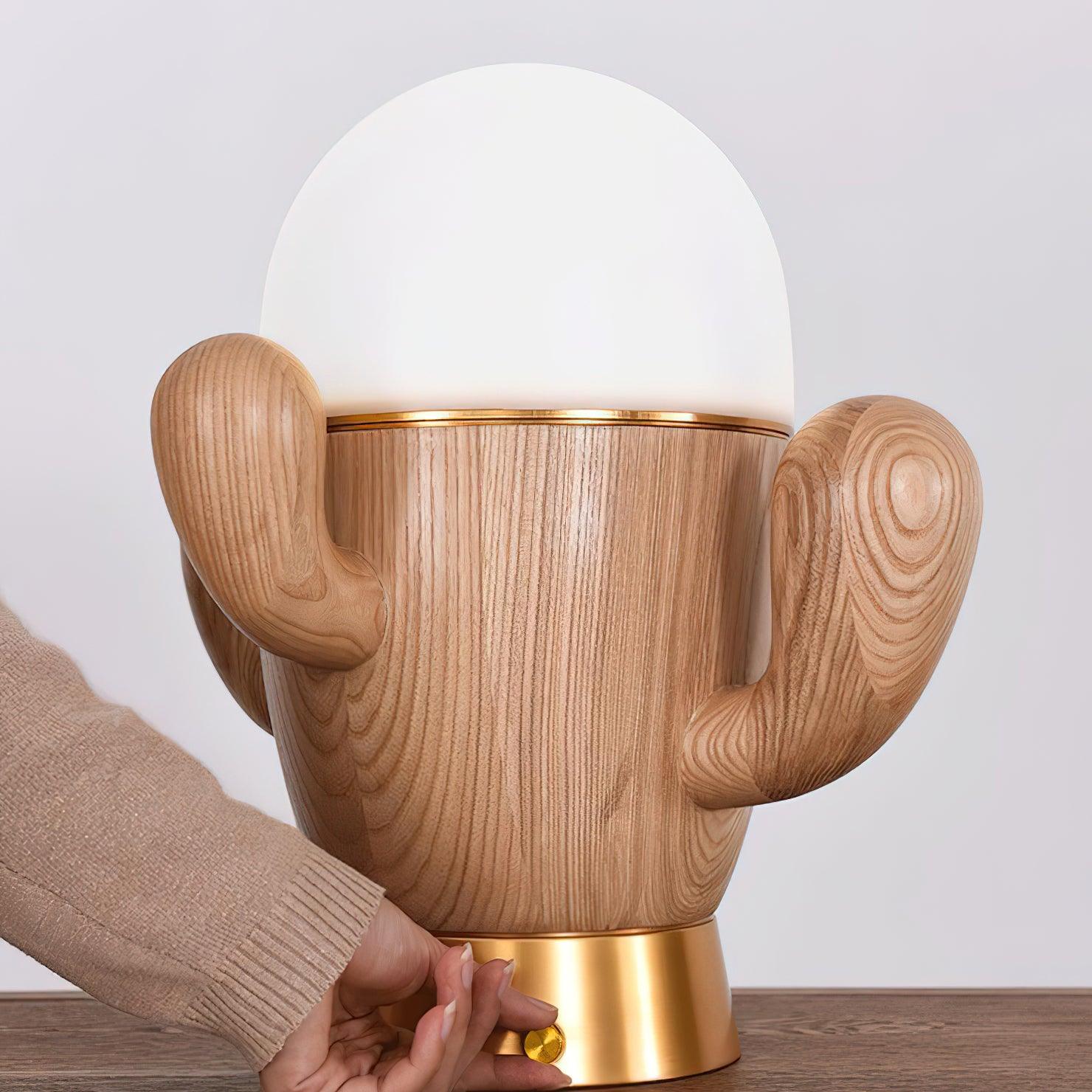 Scandinavian Style Wooden Cactus Table Lamp with Dimmable LED Accent Light