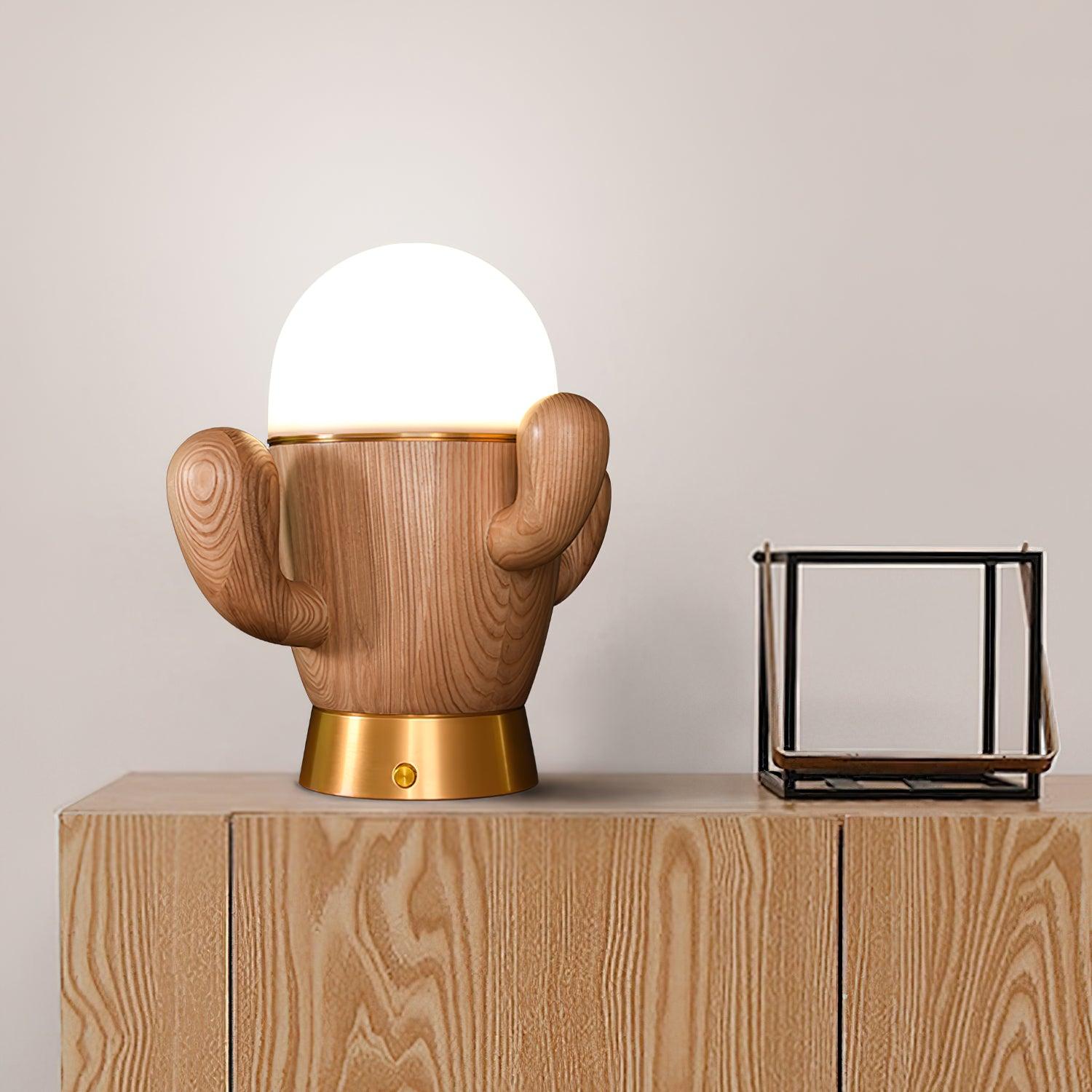 Scandinavian Style Wooden Cactus Table Lamp with Dimmable LED Accent Light