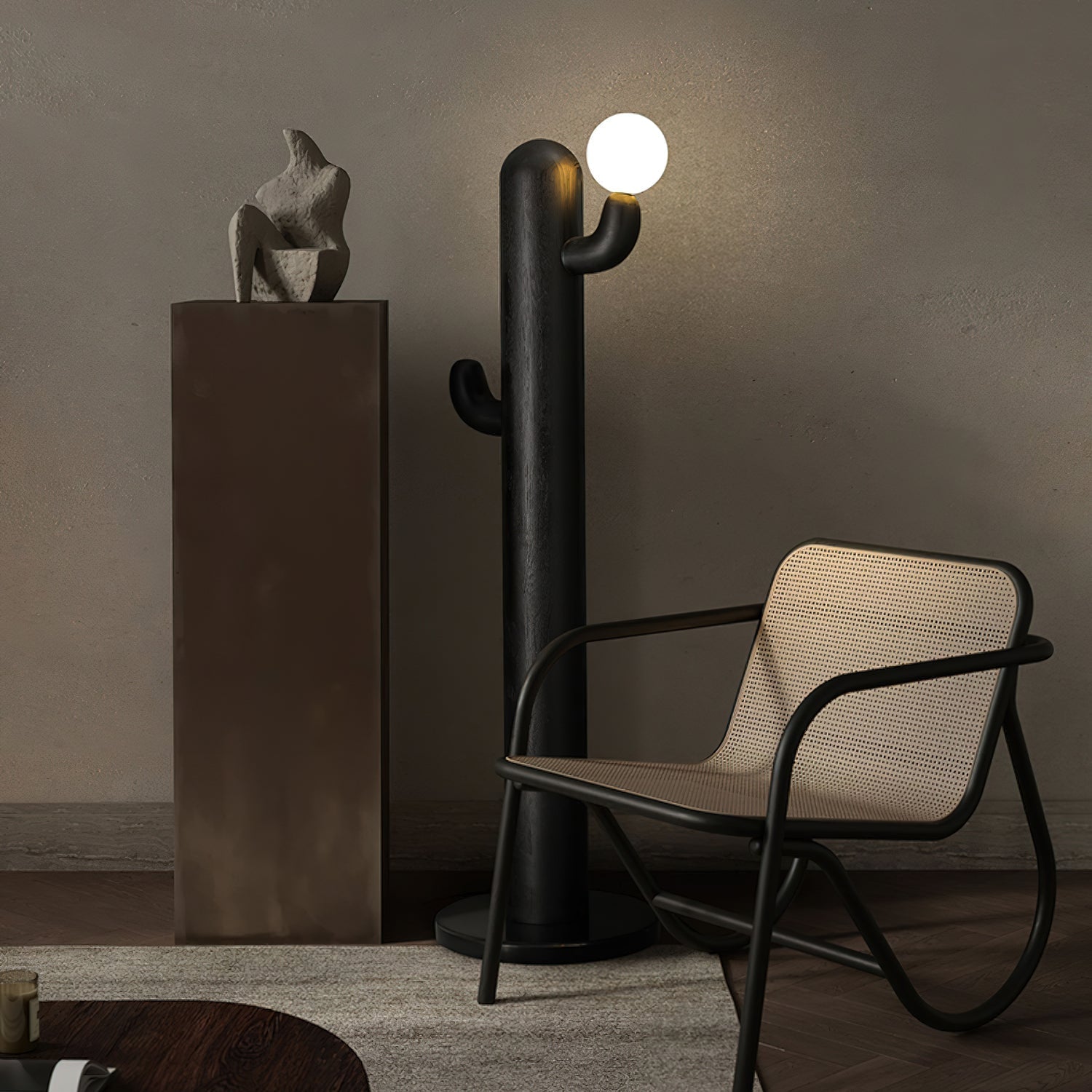 Modern Wood Cactus Floor Lamp with Multi Branch Glass Globe Shades and Marble Base