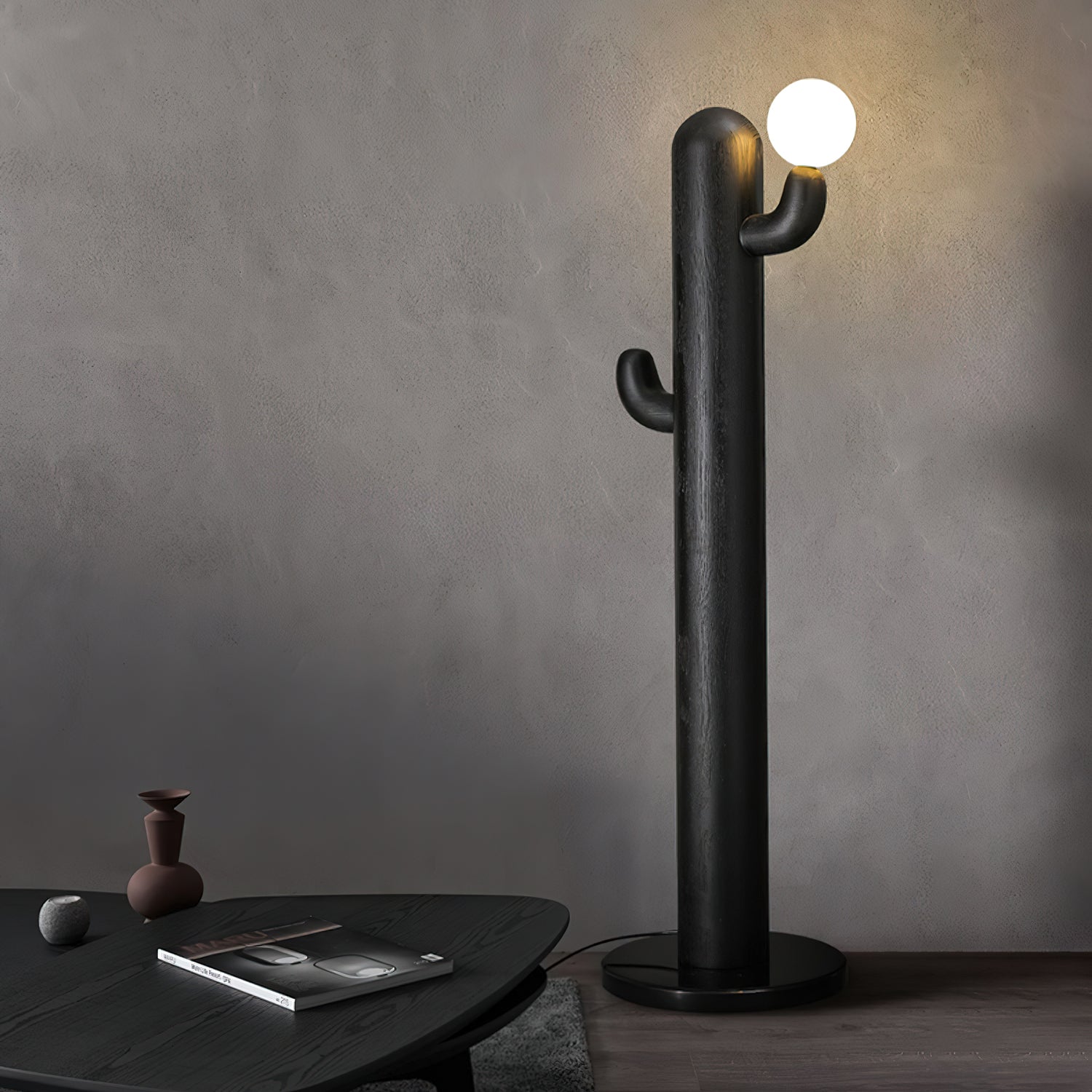 Modern Wood Cactus Floor Lamp with Multi Branch Glass Globe Shades and Marble Base