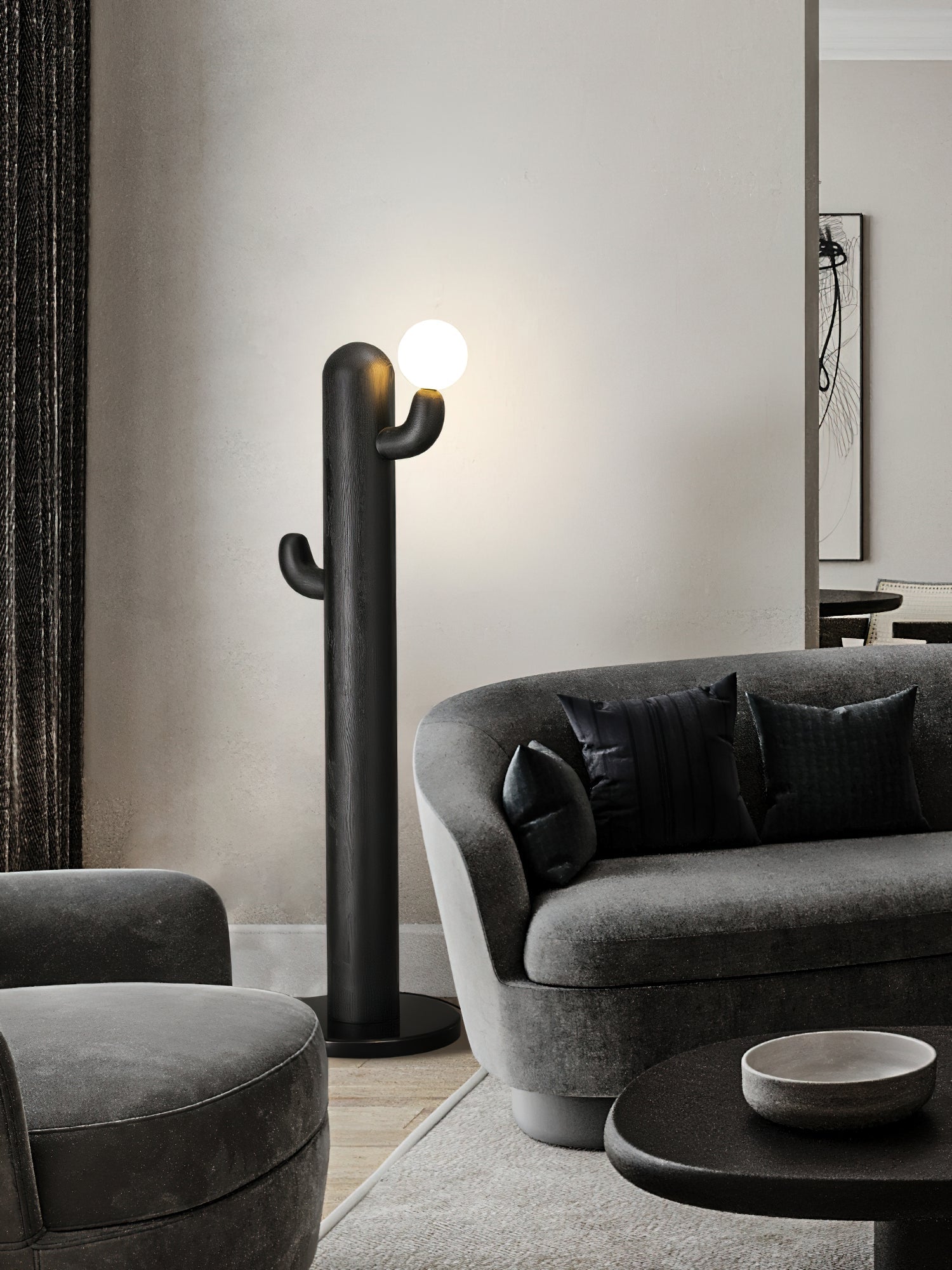Modern Wood Cactus Floor Lamp with Multi Branch Glass Globe Shades and Marble Base