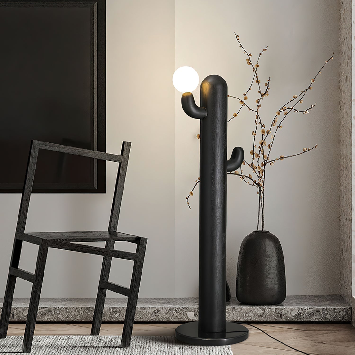 Modern Wood Cactus Floor Lamp with Multi Branch Glass Globe Shades and Marble Base