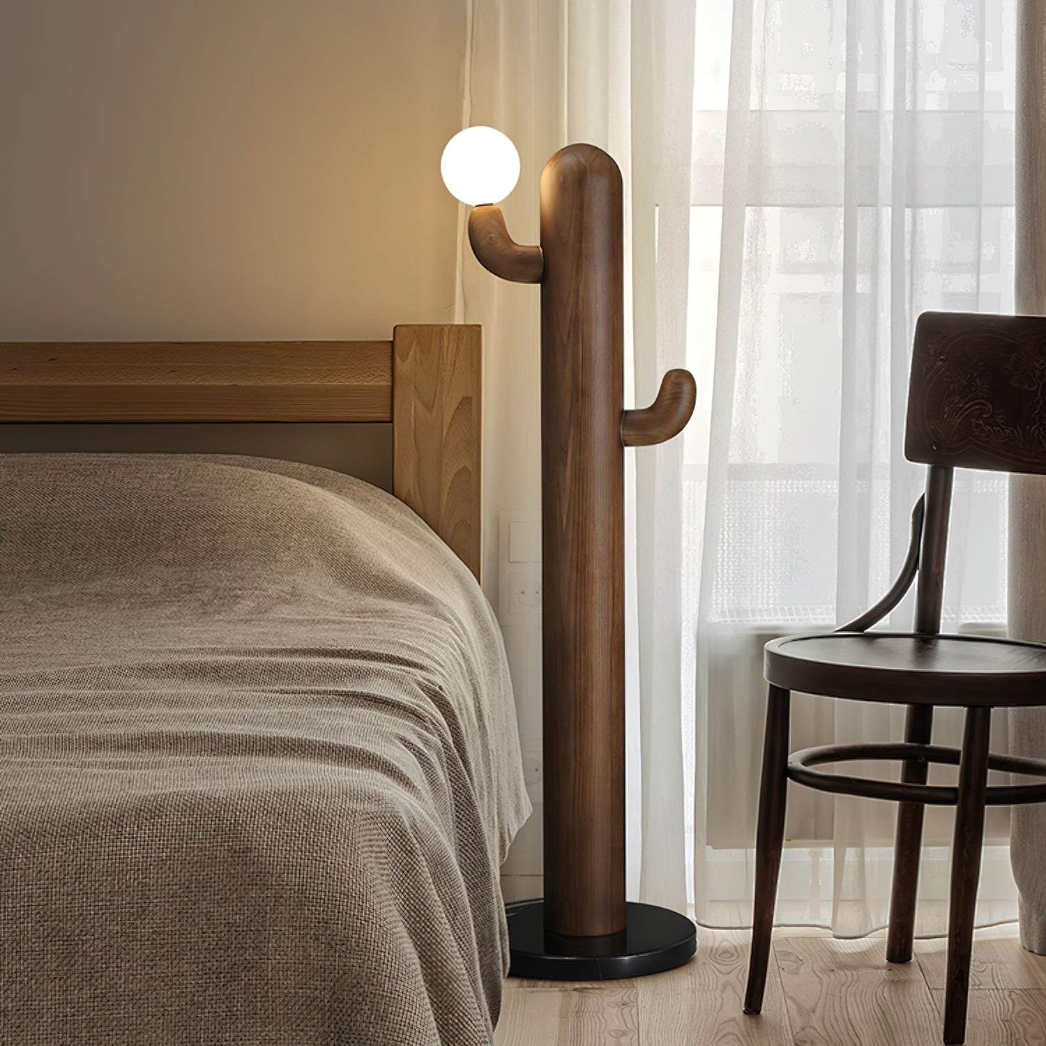 Modern Wood Cactus Floor Lamp with Multi Branch Glass Globe Shades and Marble Base
