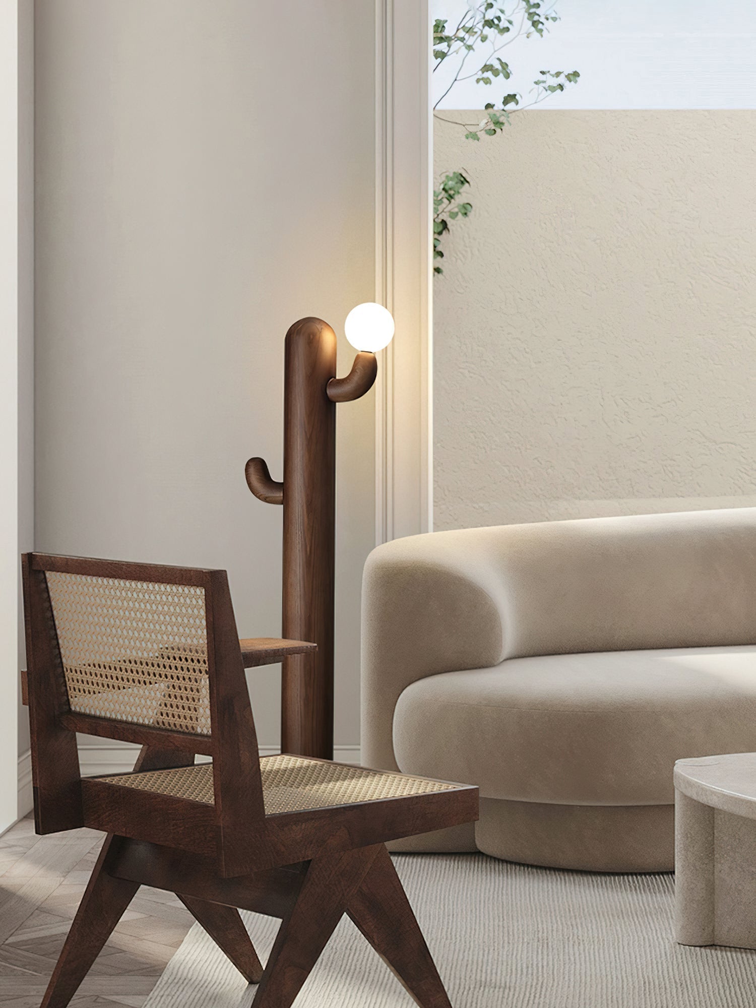 Modern Wood Cactus Floor Lamp with Multi Branch Glass Globe Shades and Marble Base