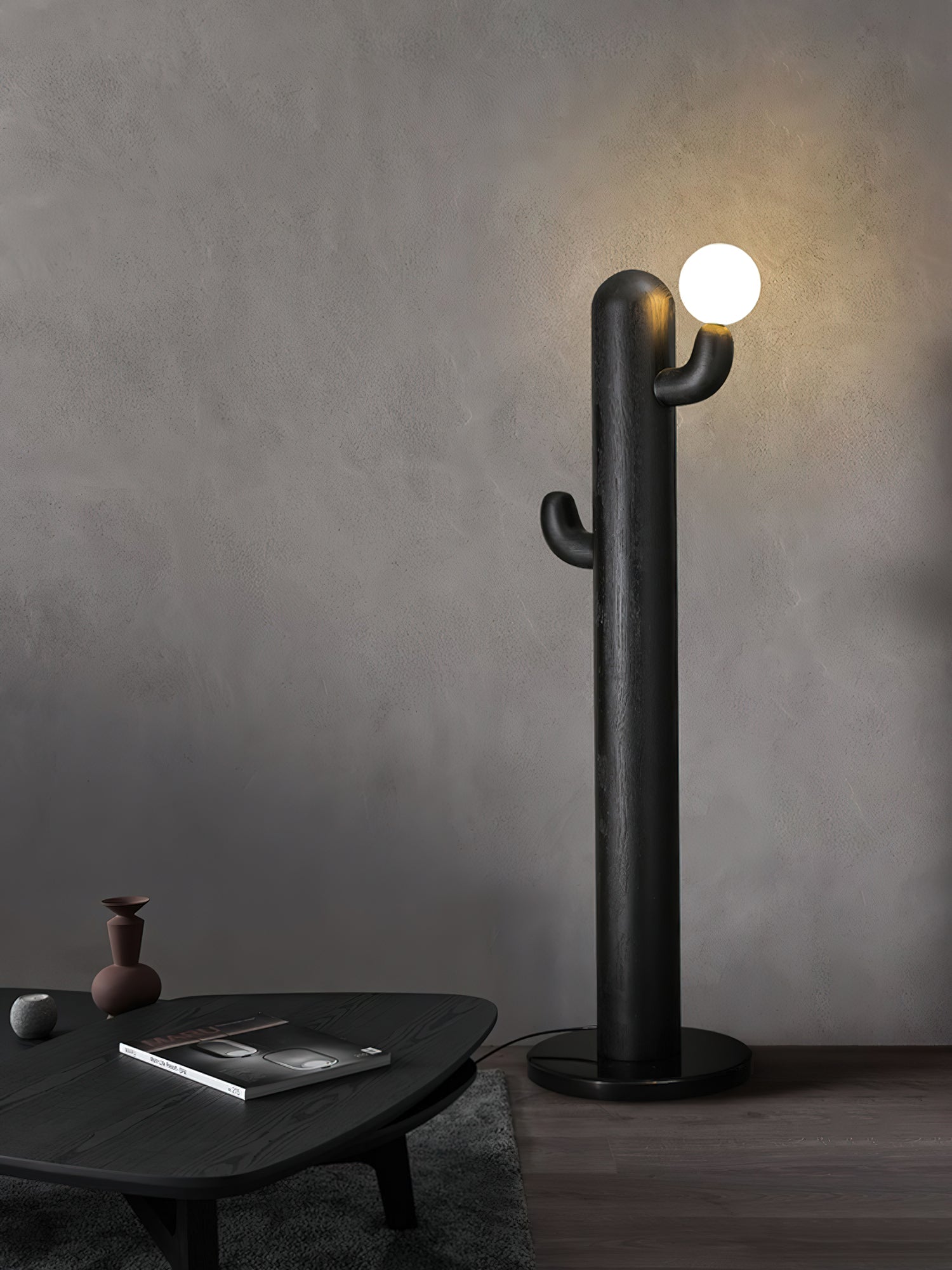Modern Wood Cactus Floor Lamp with Multi Branch Glass Globe Shades and Marble Base
