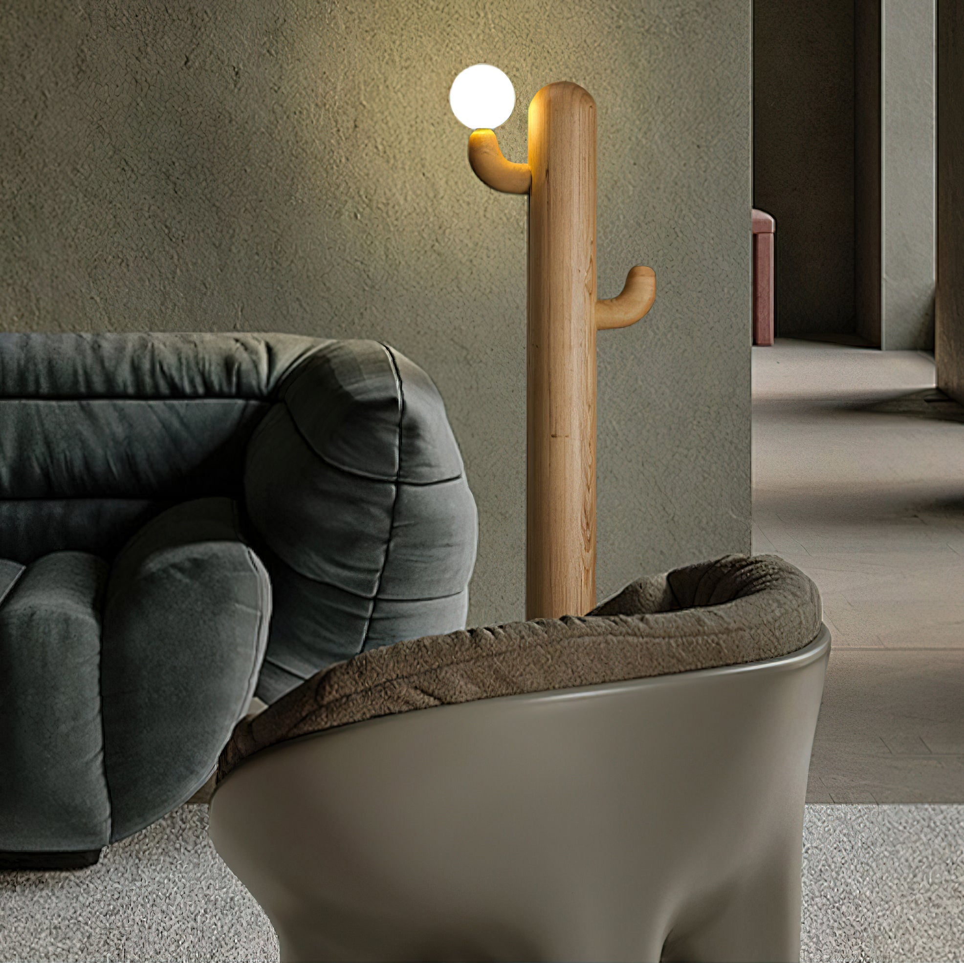 Modern Wood Cactus Floor Lamp with Multi Branch Glass Globe Shades and Marble Base