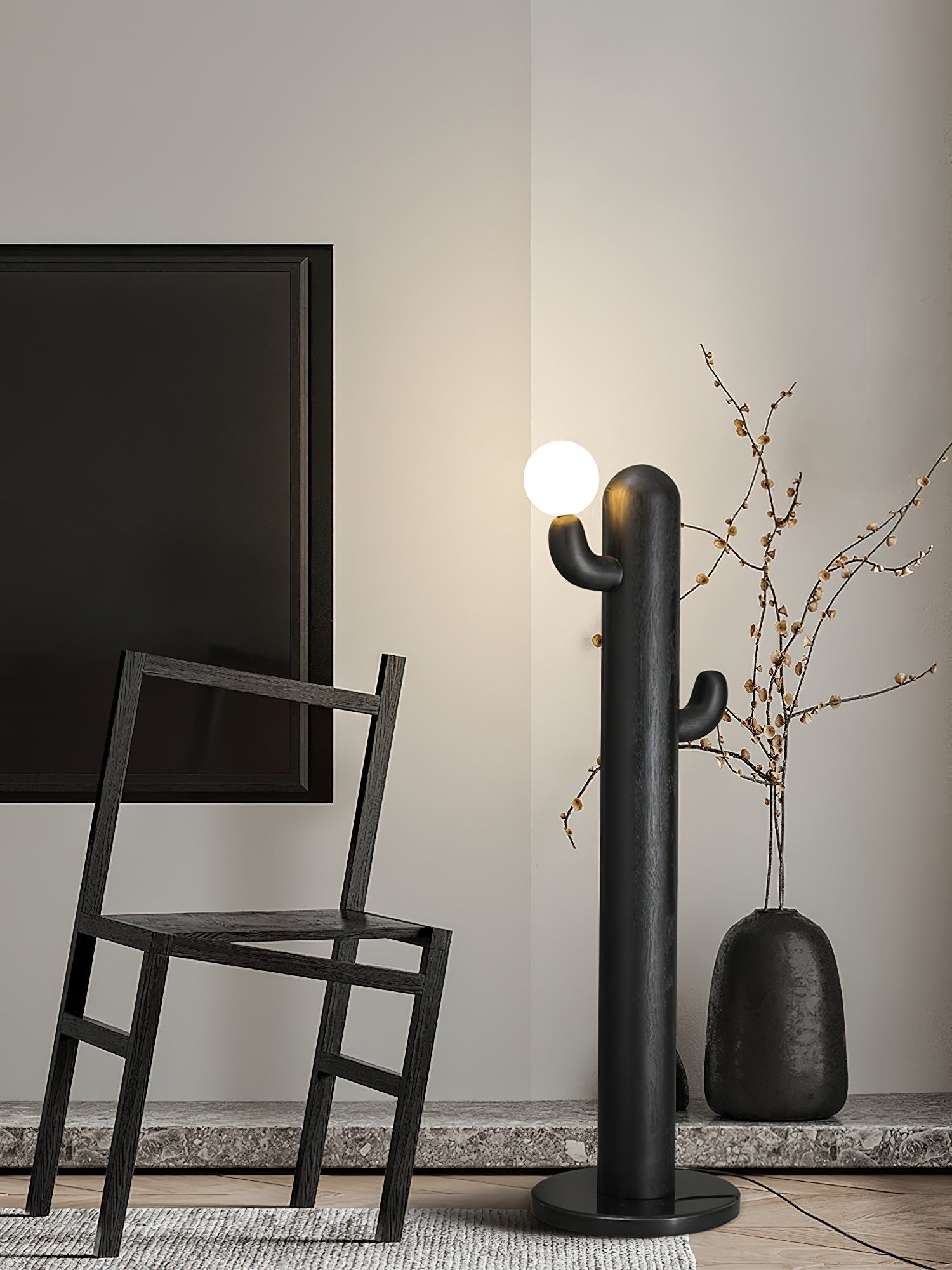 Modern Wood Cactus Floor Lamp with Multi Branch Glass Globe Shades and Marble Base