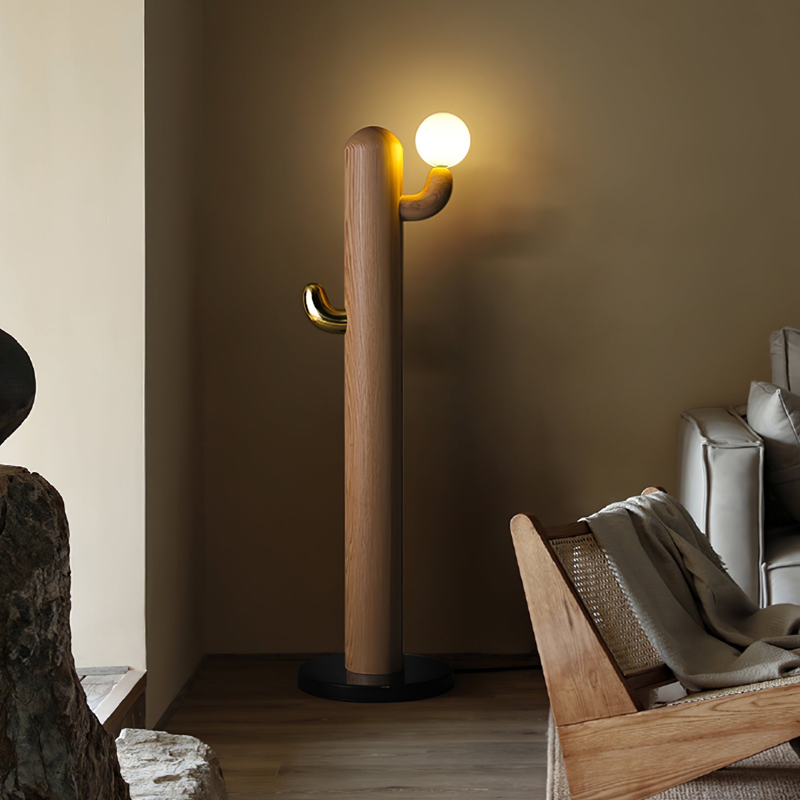 Modern Wood Cactus Floor Lamp with Multi Branch Glass Globe Shades and Marble Base
