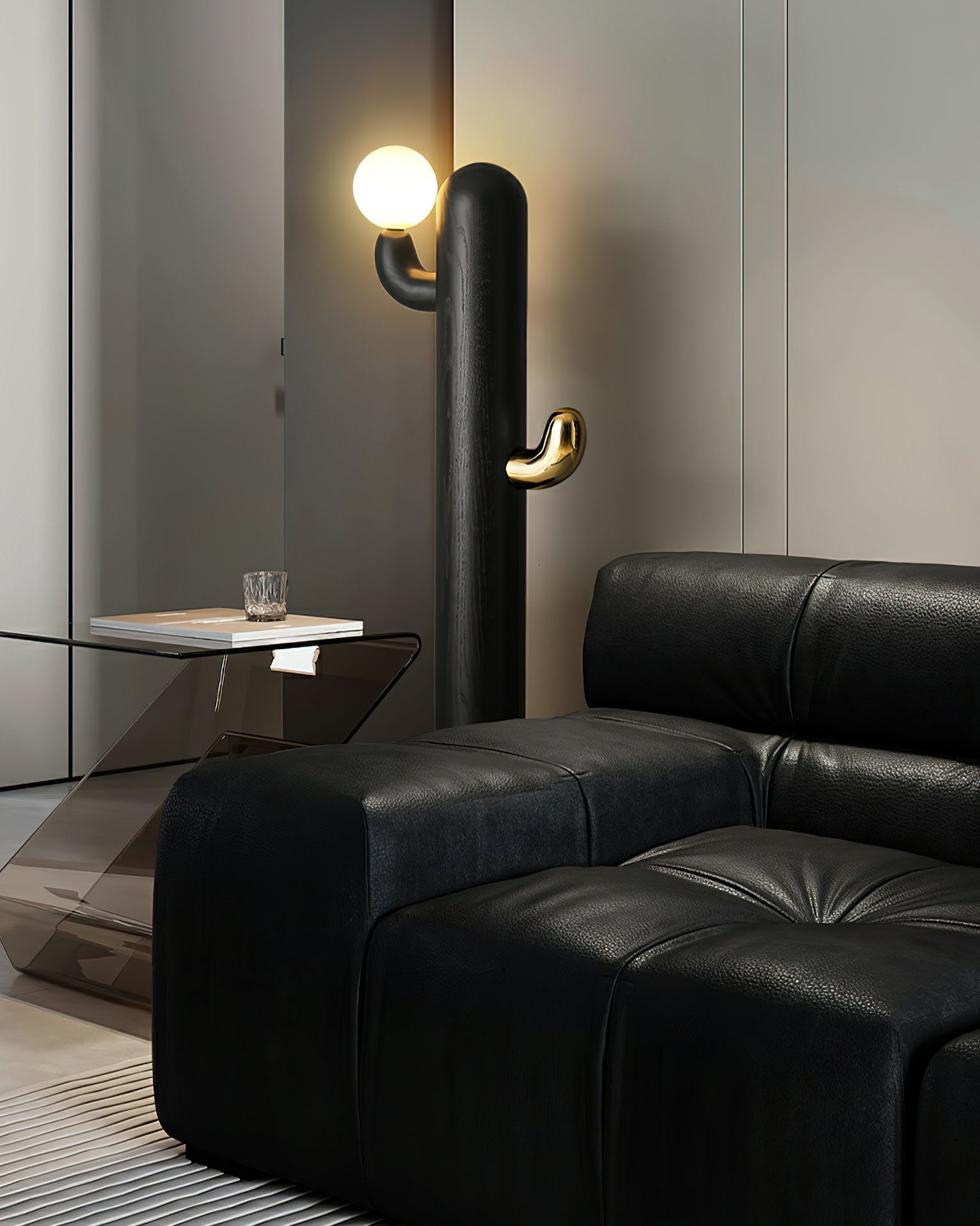 Modern Wood Cactus Floor Lamp with Multi Branch Glass Globe Shades and Marble Base