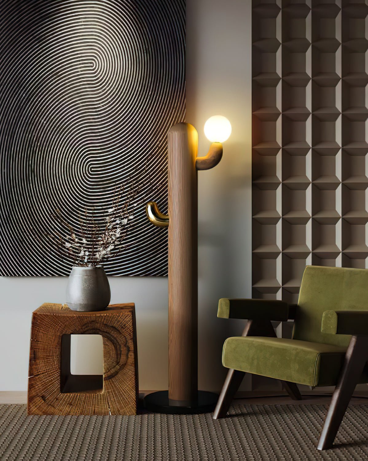 Modern Wood Cactus Floor Lamp with Multi Branch Glass Globe Shades and Marble Base