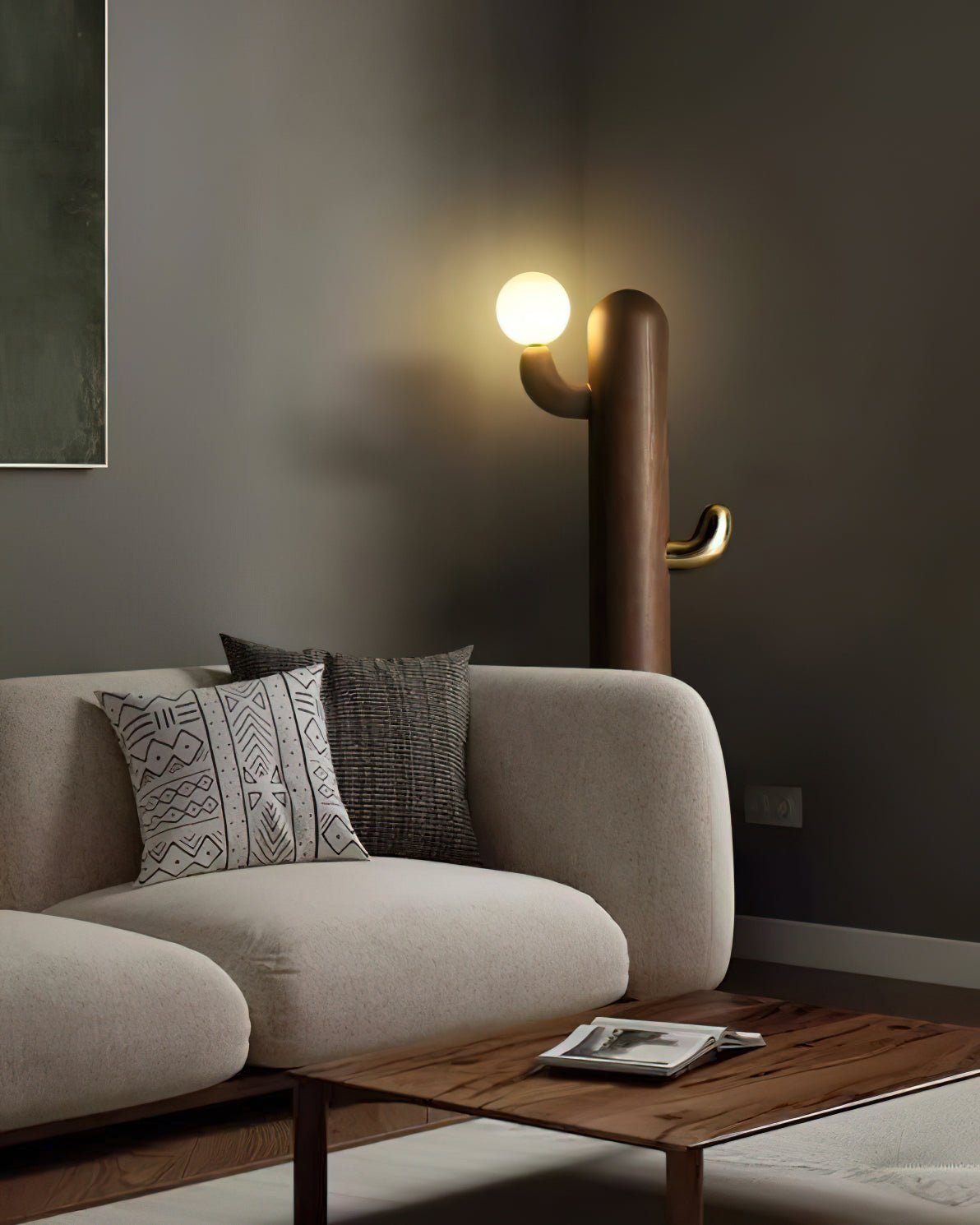 Modern Wood Cactus Floor Lamp with Multi Branch Glass Globe Shades and Marble Base