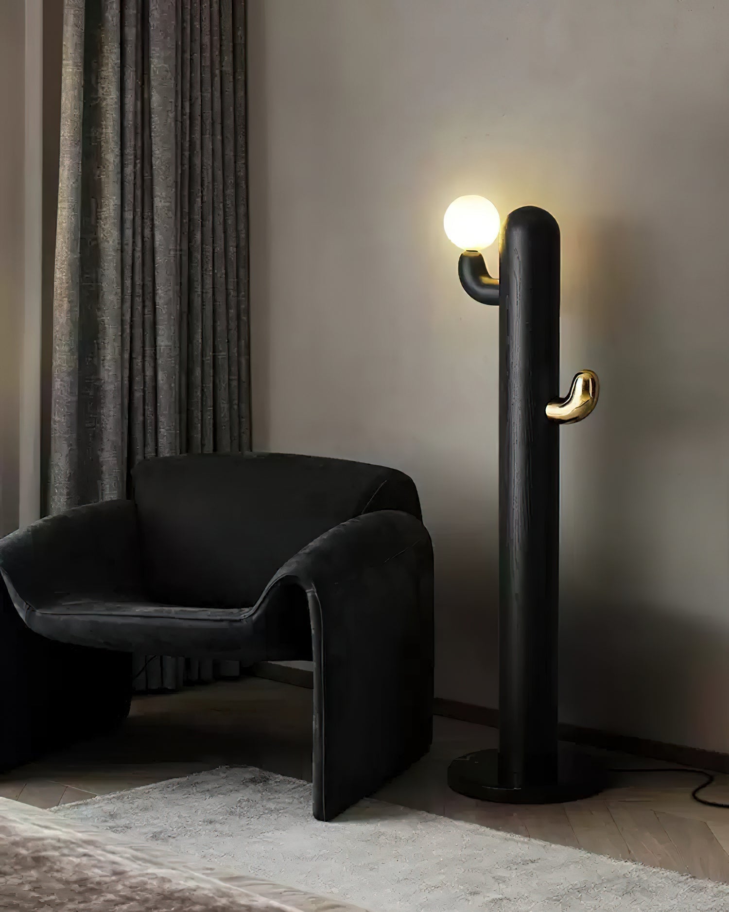 Modern Wood Cactus Floor Lamp with Multi Branch Glass Globe Shades and Marble Base