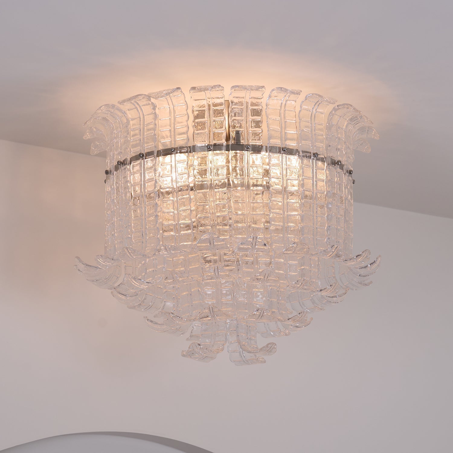 Modern Calista Murano Glass Ceiling Light Fixture with Chrome Finish and Handcrafted Glass Panels