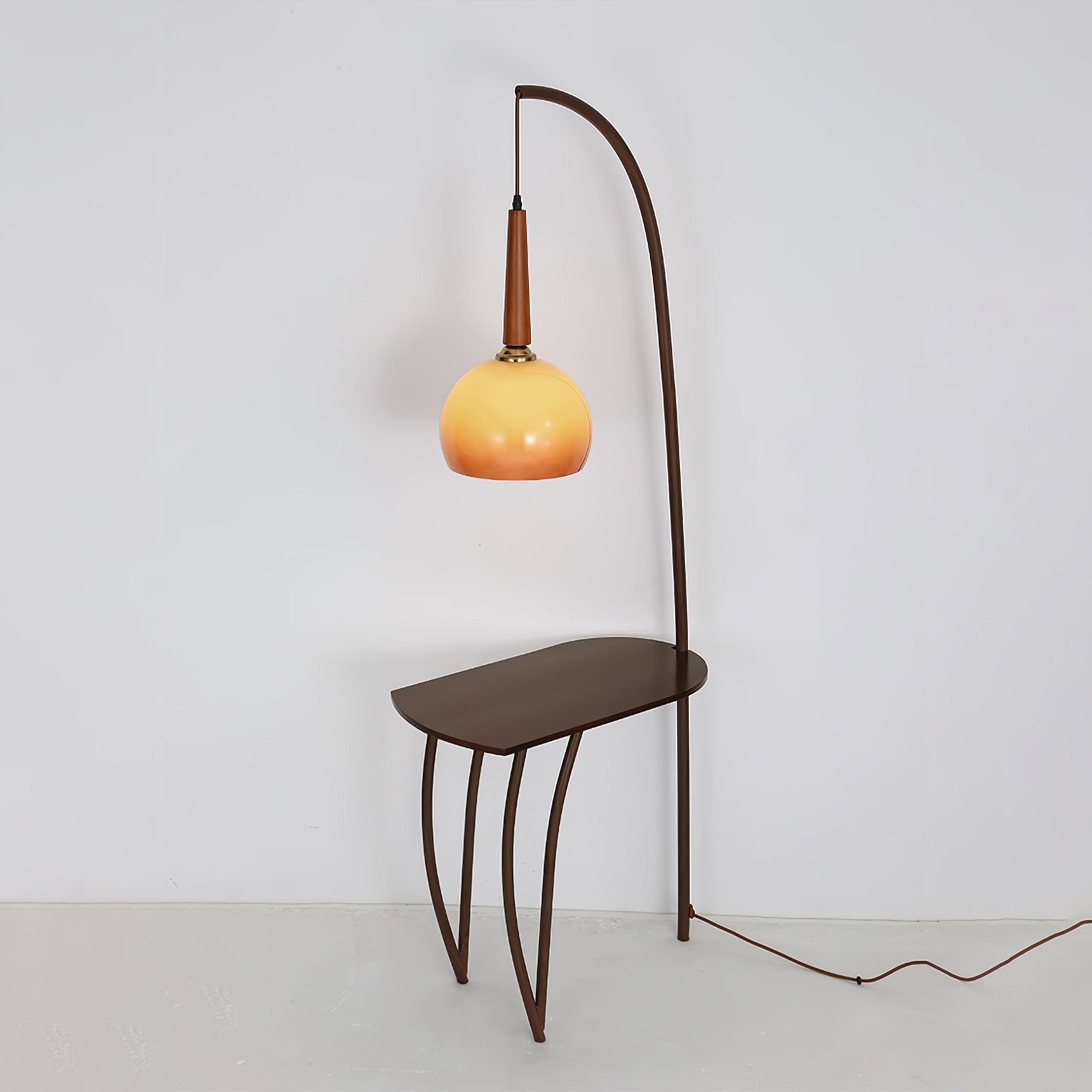 Modern Cantilever Floor Lamp with Walnut Wood Side Table and Orange Glass Shade